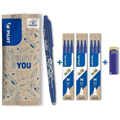 PILOT Caja de 1 FriXion Ball + 3 Set de 3 Recambios + 1 Goma -Bolígrafo Rollerball Recargable Azul Punta Media PILOT Caja de 1 FriXion Ball + 3 Set de 3 Recambios + 1 Goma -Bolígrafo Rollerball Recargable Azul Punta Media