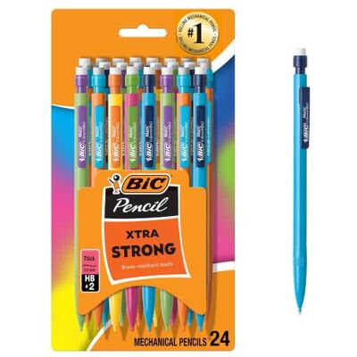 BIC Lápiz mecánico Xtra-Strong con punta gruesa de barril colorida (0.9 mm), paquete de 24 unidades con gomas de borrar (MPLWP241) BIC Lápiz mecánico Xtra-Strong con punta gruesa de barril colorida (0.9 mm), paquete de 24 unidades con gomas de borrar (MPLWP241)
