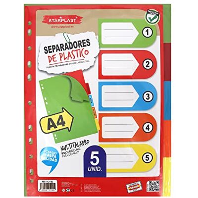 Starplast Pack 5 Separadores Flúor Para Carpeta o Archivador 2-4 Anillas, Organizadores, Polipropileno, Índice, Multitaladro, Clasificador, uso Escolar o de Oficina. Starplast Pack 5 Separadores Flúor Para Carpeta o Archivador 2-4 Anillas, Organizadores, Polipropileno, Índice, Multitaladro, Clasificador, uso Escolar o de Oficina.