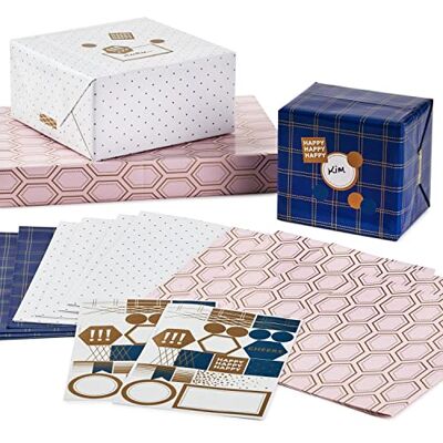 Hallmark Hojas de papel de regalo planas con líneas de corte en el reverso (12 hojas plegadas con sellos adhesivos) puntos blancos y dorados, geométrico rosa, cuadros azul marino para bodas, Hallmark Hojas de papel de regalo planas con líneas de corte en el reverso (12 hojas plegadas con sellos adhesivos) puntos blancos y dorados, geométrico rosa, cuadros azul marino para bodas,