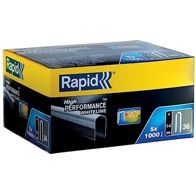 Rapid Caja de Grapas de Corona Redondeada con Recubrimiento Blanco para Cables de Bajo Voltaje N.º36 de Acero Galvanizado, 14 mm – 5 x 1.000 Grapas Rapid Caja de Grapas de Corona Redondeada con Recubrimiento Blanco para Cables de Bajo Voltaje N.º36 de Acero Galvanizado, 14 mm – 5 x 1.000 Grapas
