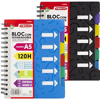 Starplast Pack 2 Blocs Libretas A5 Con Separadores Cuadriculado 5x5mm, Espiral metálica, tapa plástico, 120 hojas, 4 colores Pack 2 Aleatorio Starplast Pack 2 Blocs Libretas A5 Con Separadores Cuadriculado 5x5mm, Espiral metálica, tapa plástico, 120 hojas, 4 colores Pack 2 Aleatorio