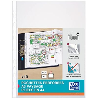 Oxford Elba Juego de 10 fundas de plástico, A3, perforadas Oxford Elba Juego de 10 fundas de plástico, A3, perforadas