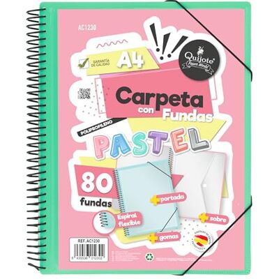 Starplast Carpeta Con Fundas Espiral Flexible 80 fundas transparentes, A4, cierre elástico, tapa polipropileno, portada personalizable, para uso Escolar y Oficina color Verde Pastel Starplast Carpeta Con Fundas Espiral Flexible 80 fundas transparentes, A4, cierre elástico, tapa polipropileno, portada personalizable, para uso Escolar y Oficina color Verde Pastel