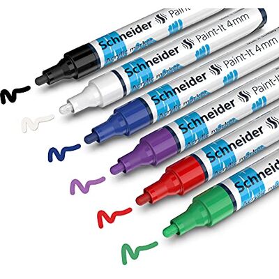 Schneider Paint-It Lápices acrílicos (juego de 1 con punta redonda de 4 mm, pinturas acrílicas de alta cobertura para madera, lienzo, piedra, etc.), 6 unidades, varios colores de trazo de 4 mm Schneider Paint-It Lápices acrílicos (juego de 1 con punta redonda de 4 mm, pinturas acrílicas de alta cobertura para madera, lienzo, piedra, etc.), 6 unidades, varios colores de trazo de 4 mm