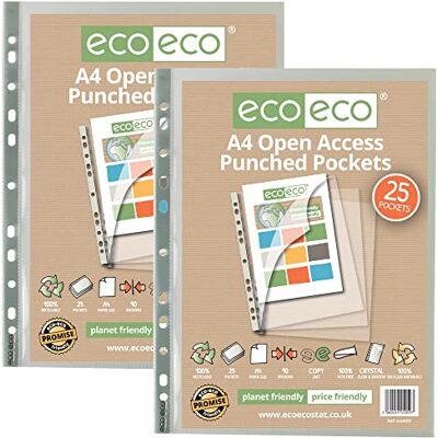 eco-eco Protector de hoja de billetera de polietileno transparente, 100% reciclado, con múltiples bolsillos perforados, color transparente, 90 micras (paquete de 50), color eco-eco Protector de hoja de billetera de polietileno transparente, 100% reciclado, con múltiples bolsillos perforados, color transparente, 90 micras (paquete de 50), color
