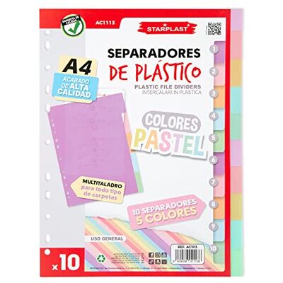 Starplast Pack 10 Separadores Pastel Para Carpeta o Archivador 2-4 Anillas, Organizadores, Polipropileno, Índice, Multitaladro, Clasificador, uso Escolar o de Oficina. Starplast Pack 10 Separadores Pastel Para Carpeta o Archivador 2-4 Anillas, Organizadores, Polipropileno, Índice, Multitaladro, Clasificador, uso Escolar o de Oficina.
