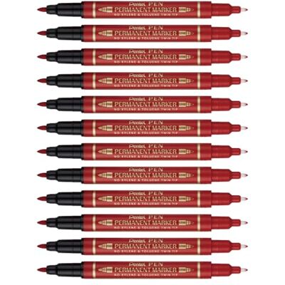 Pentel Marcador permanente con dos puntas. Color rojo. Pack de 12 Pentel Marcador permanente con dos puntas. Color rojo. Pack de 12