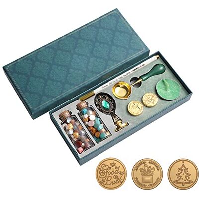 MAGIC SELECT Juego de Sellos de Lacre, Kit 3 sellos, 2 Botes de cera de tonos dorado, cobre, azul, Mango, Cucharra de Acero inoxidable para derretir, Rotulador Dorado y Vela. Caja Vintage para regalo. MAGIC SELECT Juego de Sellos de Lacre, Kit 3 sellos, 2 Botes de cera de tonos dorado, cobre, azul, Mango, Cucharra de Acero inoxidable para derretir, Rotulador Dorado y Vela. Caja Vintage para regalo.