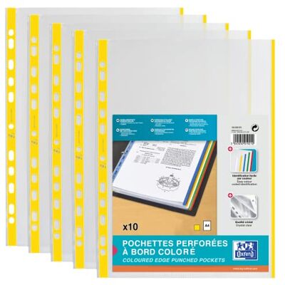 Oxford – Lote de 100 fundas perforadas con banda y bordes de colores, A4, poliéster, lisa, grosor 9/100ª, color amarillo Oxford – Lote de 100 fundas perforadas con banda y bordes de colores, A4, poliéster, lisa, grosor 9/100ª, color amarillo