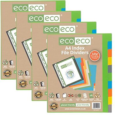 eco-eco Juego de 4 separadores de archivos, tamaño A4, 50% reciclados, multiperforados, 10 unidades, índice extra ancho, 200 g/m² eco-eco Juego de 4 separadores de archivos, tamaño A4, 50% reciclados, multiperforados, 10 unidades, índice extra ancho, 200 g/m²