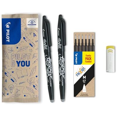 PILOT Caja de 2 FriXion Ball + 1 Set de 6 recambios + 1 goma -Bolígrafo rollerball recargable Negro Punta Media PILOT Caja de 2 FriXion Ball + 1 Set de 6 recambios + 1 goma -Bolígrafo rollerball recargable Negro Punta Media