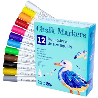 RAYLU PAPER Rotuladores de Tiza Líquida, Rotuladores de Tiza Líquida Borrable para Pizarra, Marcadores con Punta Reversible 3mm y 6mm, Para Pizarra Negra y Blanca, Cristal y Cerámica (12 Colores) RAYLU PAPER Rotuladores de Tiza Líquida, Rotuladores de Tiza Líquida Borrable para Pizarra, Marcadores con Punta Reversible 3mm y 6mm, Para Pizarra Negra y Blanca, Cristal y Cerámica (12 Colores)