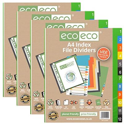 eco-eco Juego de 12 divisores de archivo, tamaño A4, 50% reciclado, multiperforado, 200 g/m², 4 unidades eco-eco Juego de 12 divisores de archivo, tamaño A4, 50% reciclado, multiperforado, 200 g/m², 4 unidades