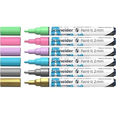 Schneider Paint-It Juego de rotuladores acrílicos (2 unidades, punta redonda de 2 mm, para madera, lienzo, piedra, etc.), 6 unidades, surtidos, 2 mm de ancho de trazo Schneider Paint-It Juego de rotuladores acrílicos (2 unidades, punta redonda de 2 mm, para madera, lienzo, piedra, etc.), 6 unidades, surtidos, 2 mm de ancho de trazo