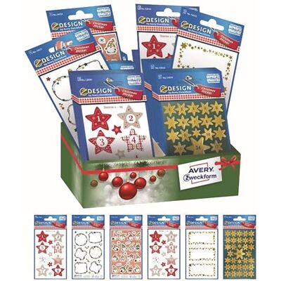 Avery Surtido pegatinas adhesivas navideña, 6 distintos dibujos y material (números, marcos, estrellas), total 60 pegatinas Avery Surtido pegatinas adhesivas navideña, 6 distintos dibujos y material (números, marcos, estrellas), total 60 pegatinas