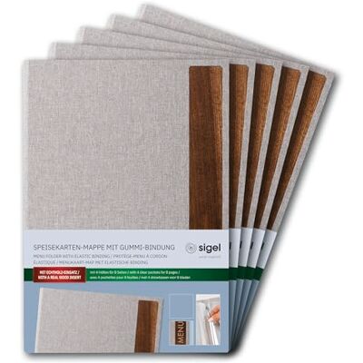 Sigel Porta-menú 5 unidades incl. 2 fundas transparentes dobles para 8 páginas encuadernación elástica A4 gris claro/marrón Sigel Porta-menú 5 unidades incl. 2 fundas transparentes dobles para 8 páginas encuadernación elástica A4 gris claro/marrón