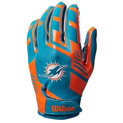 Wilson Guantes de Fútbol Americano AD NFL, Ajuste Elástico, Ajuste Seguro y Agarre Firme, Transpirable, Rendimiento Óptimo, Equipo: Miami Dolphins, Color: Verde/Naranja, Talla para Adulto Wilson Guantes de Fútbol Americano AD NFL, Ajuste Elástico, Ajuste Seguro y Agarre Firme, Transpirable, Rendimiento Óptimo, Equipo: Miami Dolphins, Color: Verde/Naranja, Talla para Adulto