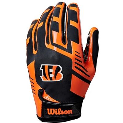 Wilson Guantes de Fútbol Americano AD NFL Stretch Fit, Ajuste Seguro y Agarre Firme, Tela Transpirable, Rendimiento Óptimo, Equipo: Cincinnati Bengals, Color: Negro/Naranja, Talla para Adulto Wilson Guantes de Fútbol Americano AD NFL Stretch Fit, Ajuste Seguro y Agarre Firme, Tela Transpirable, Rendimiento Óptimo, Equipo: Cincinnati Bengals, Color: Negro/Naranja, Talla para Adulto