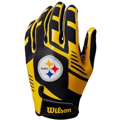Wilson Guantes de Fútbol Americano AD NFL, Ajuste Elástico, Ajuste Seguro y Agarre Firme, Transpirable, Rendimiento Óptimo, Pittsburgh Steelers, Color: Negro/Amarillo, Talla para Adulto Wilson Guantes de Fútbol Americano AD NFL, Ajuste Elástico, Ajuste Seguro y Agarre Firme, Transpirable, Rendimiento Óptimo, Pittsburgh Steelers, Color: Negro/Amarillo, Talla para Adulto