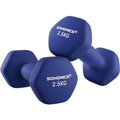 SONGMICS Juego de 2 Mancuernas hexagonales, 2 Pesas de Mano de 2,5 kg con Revestimiento de Neopreno, par de Mancuernas hexagonales, Entrenamiento en casa, Ejercicio de Fitness, Color Azul SONGMICS Juego de 2 Mancuernas hexagonales, 2 Pesas de Mano de 2,5 kg con Revestimiento de Neopreno, par de Mancuernas hexagonales, Entrenamiento en casa, Ejercicio de Fitness, Color Azul