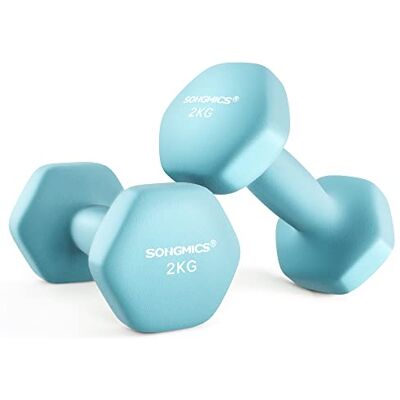 SONGMICS Juego de 2 Mancuernas, 2 x 2 kg, Mancuernas Hexagonales con Superficie de Plástico PVC, para Fitness, Ejercicio, Entrenamiento, para Gimnasia en Casa, Azul claro SYL904Q01 SONGMICS Juego de 2 Mancuernas, 2 x 2 kg, Mancuernas Hexagonales con Superficie de Plástico PVC, para Fitness, Ejercicio, Entrenamiento, para Gimnasia en Casa, Azul claro SYL904Q01