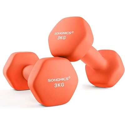 SONGMICS Juego de 2 mancuernas, 2 x 3 kg, con forma de mancuernas, hexagonales, revestimiento de neopreno, para entrenamiento de fuerza, fitness, para el hogar, naranja papaya SYL906O01 SONGMICS Juego de 2 mancuernas, 2 x 3 kg, con forma de mancuernas, hexagonales, revestimiento de neopreno, para entrenamiento de fuerza, fitness, para el hogar, naranja papaya SYL906O01