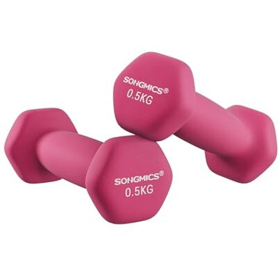 SONGMICS Juego de 2 Mancuernas, 2 x 0,5 kg, Mancuernas Hexagonales con Superficie de Vinilo, para Fitness, Ejercicio, Entrenamiento, para Gimnasia en Casa, Rosa Neón SONGMICS Juego de 2 Mancuernas, 2 x 0,5 kg, Mancuernas Hexagonales con Superficie de Vinilo, para Fitness, Ejercicio, Entrenamiento, para Gimnasia en Casa, Rosa Neón