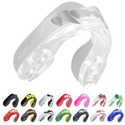 SAFEJAWZ Protector bucal adultos y niños para todos los deportes de contacto, incluidos rugby, MMA, artes marciales de kickboxing, judo, hockey y boxeo (Clear Fangz, Adulto (12+ Años)) SAFEJAWZ Protector bucal adultos y niños para todos los deportes de contacto, incluidos rugby, MMA, artes marciales de kickboxing, judo, hockey y boxeo (Clear Fangz, Adulto (12+ Años))