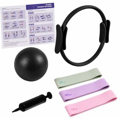 Relaxdays Set de Pilates , 6 Piezas, Color Anillo, pelota con bomba, bandas de resistencia 3 niveles, accesorios de pilates para casa, con ejercicios Relaxdays Set de Pilates , 6 Piezas, Color Anillo, pelota con bomba, bandas de resistencia 3 niveles, accesorios de pilates para casa, con ejercicios