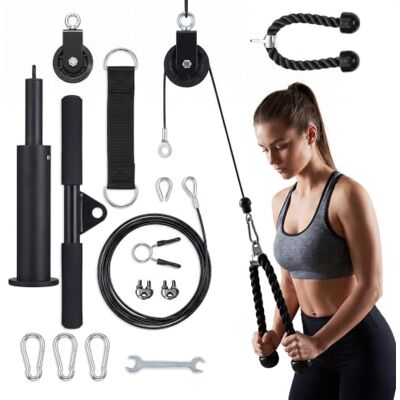 Relaxdays Juego de poleas 14 pzas, Cable de Acero, Cuerda tríceps, Negro agarre barra, para techo y barra dominadas Relaxdays Juego de poleas 14 pzas, Cable de Acero, Cuerda tríceps, Negro agarre barra, para techo y barra dominadas