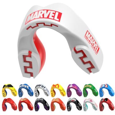 Marvel Logo Protector bucal adultos y niños para todos los deportes de contacto, incluidos rugby, MMA, artes marciales de kickboxing, judo, hockey y boxeo Marvel Logo Protector bucal adultos y niños para todos los deportes de contacto, incluidos rugby, MMA, artes marciales de kickboxing, judo, hockey y boxeo