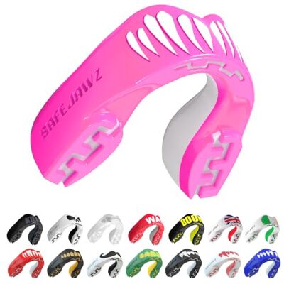 SAFEJAWZ Protector bucal adultos y niños para todos los deportes de contacto, incluidos rugby, MMA, artes marciales de kickboxing, judo, hockey y boxeo (Pink Viper, Júnior (Hasta 11 Años)) SAFEJAWZ Protector bucal adultos y niños para todos los deportes de contacto, incluidos rugby, MMA, artes marciales de kickboxing, judo, hockey y boxeo (Pink Viper, Júnior (Hasta 11 Años))