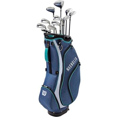 Wilson Juego de Palos de Golf , Magnolia, Incluye bolsa con soporte, Driver, Fairway 5, Híbrido 4, 5, 6, Hierros 7, 8, 9, PW, SW, Putter, Fundas para Palos, Mujer, Diestros, Azul Marino Wilson Juego de Palos de Golf , Magnolia, Incluye bolsa con soporte, Driver, Fairway 5, Híbrido 4, 5, 6, Hierros 7, 8, 9, PW, SW, Putter, Fundas para Palos, Mujer, Diestros, Azul Marino