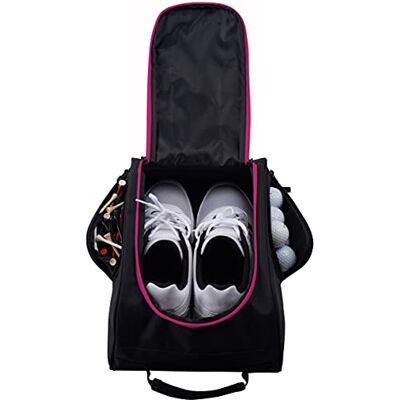Athletico Bolsa para Zapatos de Golf, con Cremallera, con ventilación y Bolsillo Exterior para Calcetines, Camisetas, etc. (Negro/Rosa) Athletico Bolsa para Zapatos de Golf, con Cremallera, con ventilación y Bolsillo Exterior para Calcetines, Camisetas, etc. (Negro/Rosa)