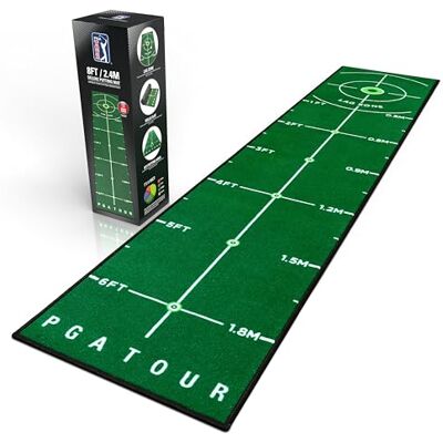 PGA TOUR Alfombrilla de golf de lujo de 8 pies para golf de interior, alfombrilla de golf con directrices de entrenamiento, objetivo de agujero de tamaño completo, área de putt de 6 pies, verde, bolsa PGA TOUR Alfombrilla de golf de lujo de 8 pies para golf de interior, alfombrilla de golf con directrices de entrenamiento, objetivo de agujero de tamaño completo, área de putt de 6 pies, verde, bolsa