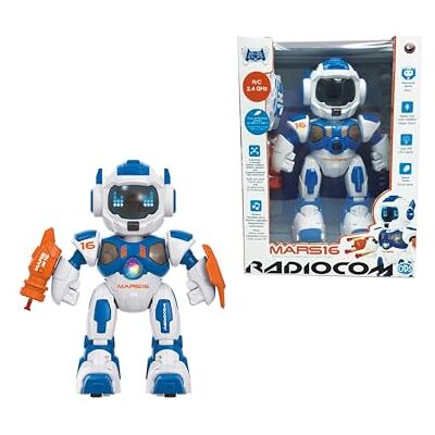Radiocom Mars 16 Robot RC 2.4GHz para niños Camina, Gira, traslada Dispara Dardos Cuenta Historias Brazo oscilante Voz y música Luces Programable Modo Demo Volumen Ajustable Radiocom Mars 16 Robot RC 2.4GHz para niños Camina, Gira, traslada Dispara Dardos Cuenta Historias Brazo oscilante Voz y música Luces Programable Modo Demo Volumen Ajustable