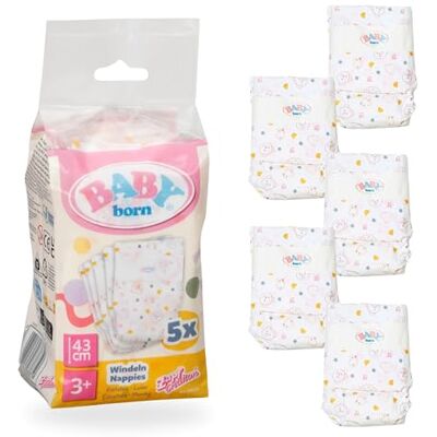 Baby born Pañales, Pack de 5 para muñecas de 43 cm 5 pañales con estampado y tiras adhesivas, para muñecas de 43 cm Baby born Pañales, Pack de 5 para muñecas de 43 cm 5 pañales con estampado y tiras adhesivas, para muñecas de 43 cm
