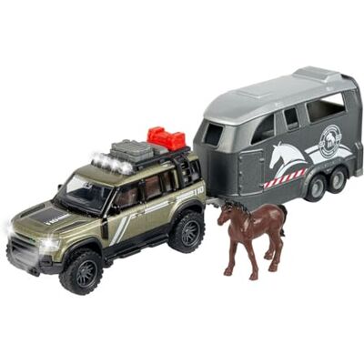 Majorette Grand Series, Land Rover Defender con Remolque para Caballos, 25cm, Escala 1:43, Fabricado en Metal y Plástico, Luz y Sonido () Majorette Grand Series, Land Rover Defender con Remolque para Caballos, 25cm, Escala 1:43, Fabricado en Metal y Plástico, Luz y Sonido ()