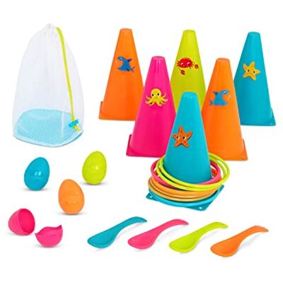 B. toys Juegos al Aire Libre en abundancia Anillas y Huevo-Cuchara Incluye 6 conos, 10 anillas, 4 cucharas, 4 huevos que se abren por la mitad y una bolsa de malla, 3 años y + B. toys Juegos al Aire Libre en abundancia Anillas y Huevo-Cuchara Incluye 6 conos, 10 anillas, 4 cucharas, 4 huevos que se abren por la mitad y una bolsa de malla, 3 años y +