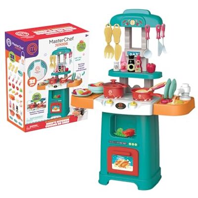 Famosa Masterchef Junior Play Kitchen Cocina Compacta con 31 Accesorios, Luces y Sonidos Realistas, Incluye Alimentos de Fieltro y Delantal, Fácil Montaje, Funciona con 3 Pilas AA, () Famosa Masterchef Junior Play Kitchen Cocina Compacta con 31 Accesorios, Luces y Sonidos Realistas, Incluye Alimentos de Fieltro y Delantal, Fácil Montaje, Funciona con 3 Pilas AA, ()