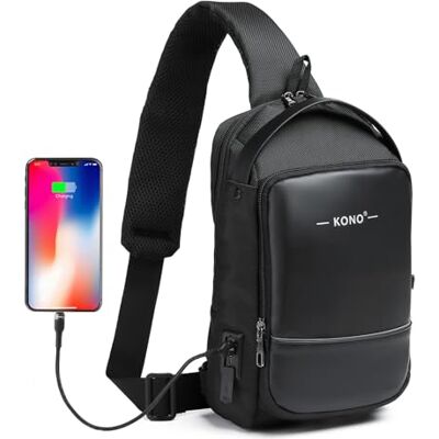 Kono Mochila Antirrobo tipo Bandolera, Bolsa Cruzada Resistente al Agua con Puerto de Carga USB, Bolsa de Pecho de Viaje de Moda para Hombres para Ciclismo, Camping y Caminata (Negro) Kono Mochila Antirrobo tipo Bandolera, Bolsa Cruzada Resistente al Agua con Puerto de Carga USB, Bolsa de Pecho de Viaje de Moda para Hombres para Ciclismo, Camping y Caminata (Negro)