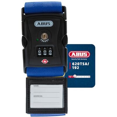 ABUS Correa para maletas 620TSA con cierre TSA banda para equipaje con candado de combinación ajustable de 3 dígitos con identificador azul ABUS Correa para maletas 620TSA con cierre TSA banda para equipaje con candado de combinación ajustable de 3 dígitos con identificador azul