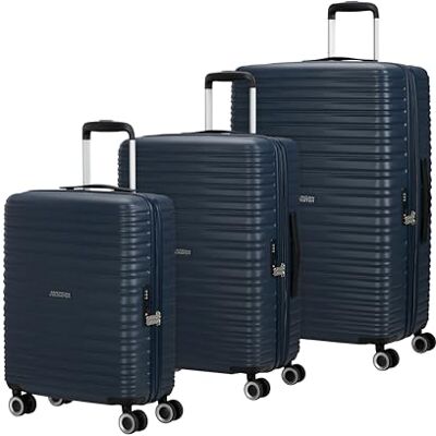 American Tourister Aerotech, Juego de Equipaje rígido de 3 Piezas (Equipaje de Mano, Mediano, Grande), Juego de Carrito Ampliable con candado de la TSA, Azul (Azul Marino metálico) American Tourister Aerotech, Juego de Equipaje rígido de 3 Piezas (Equipaje de Mano, Mediano, Grande), Juego de Carrito Ampliable con candado de la TSA, Azul (Azul Marino metálico)