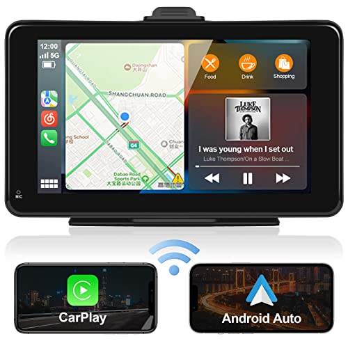 Podofo 7 Pulgadas Portátil Radio de Coche Inalámbrica Apple CarPlay/Android Auto, Pantalla Táctil con Bluetooth, Transmisor FM, Control de Voz, Mirror Link, Pantalla Car Play, Navegación GPS