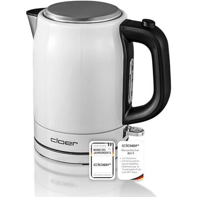 cloer Hervidor de agua de acero inoxidable, 2200 vatios,Indicador de nivel de agua, Protección contra el sobrecalentamiento y la ebullición en seco, 1 litro, blanco cloer Hervidor de agua de acero inoxidable, 2200 vatios,Indicador de nivel de agua, Protección contra el sobrecalentamiento y la ebullición en seco, 1 litro, blanco