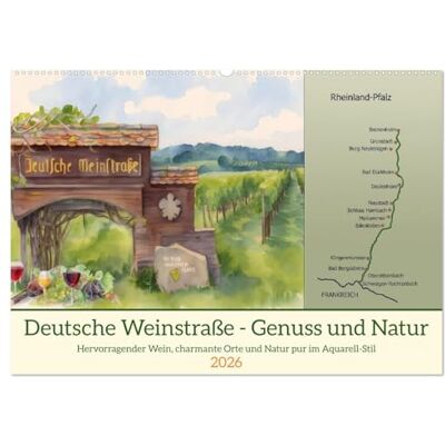 Kleemann, Claudia Deutsche Weinstraße Genuss und Natur (Wandkalender 2026 DIN A2 quer), Monatskalender: Hervorragender Wein, charmante Orte und Natur pur im Aquarell-Stil Kleemann, Claudia Deutsche Weinstraße Genuss und Natur (Wandkalender 2026 DIN A2 quer), Monatskalender: Hervorragender Wein, charmante Orte und Natur pur im Aquarell-Stil