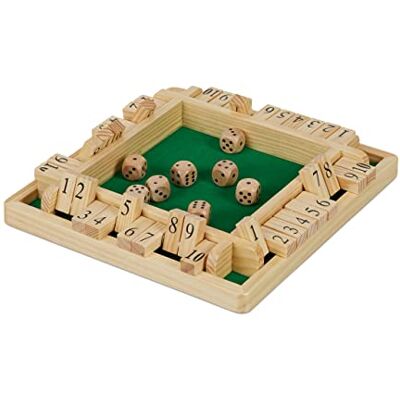 Relaxdays Shut The Box de 10 Fichas, Juego de Mesa, 4 Jugadores, 8 Dados, Madera, 1 Ud., 3 x 22 x 22 cm, Marrón-Verde Relaxdays Shut The Box de 10 Fichas, Juego de Mesa, 4 Jugadores, 8 Dados, Madera, 1 Ud., 3 x 22 x 22 cm, Marrón-Verde