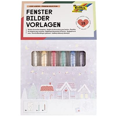 Folia Juego de Cuadros de Ventana Premium Cosy Winter con 8 Plantillas de diseño preimpresas sobre el Tema del Invierno, la Navidad y el otoño, Incl. 7 marcadores de Tiza Folia Juego de Cuadros de Ventana Premium Cosy Winter con 8 Plantillas de diseño preimpresas sobre el Tema del Invierno, la Navidad y el otoño, Incl. 7 marcadores de Tiza