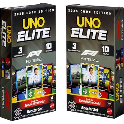 Mattel UNO Elite Fórmula 1 2025 Pack Doble Booster, 7+ Incluye 60 cartas de acción Elite aleatorias temáticas para niños, adolescentes y noches de juego, 2-5 jugadores, Mattel UNO Elite Fórmula 1 2025 Pack Doble Booster, 7+ Incluye 60 cartas de acción Elite aleatorias temáticas para niños, adolescentes y noches de juego, 2-5 jugadores,